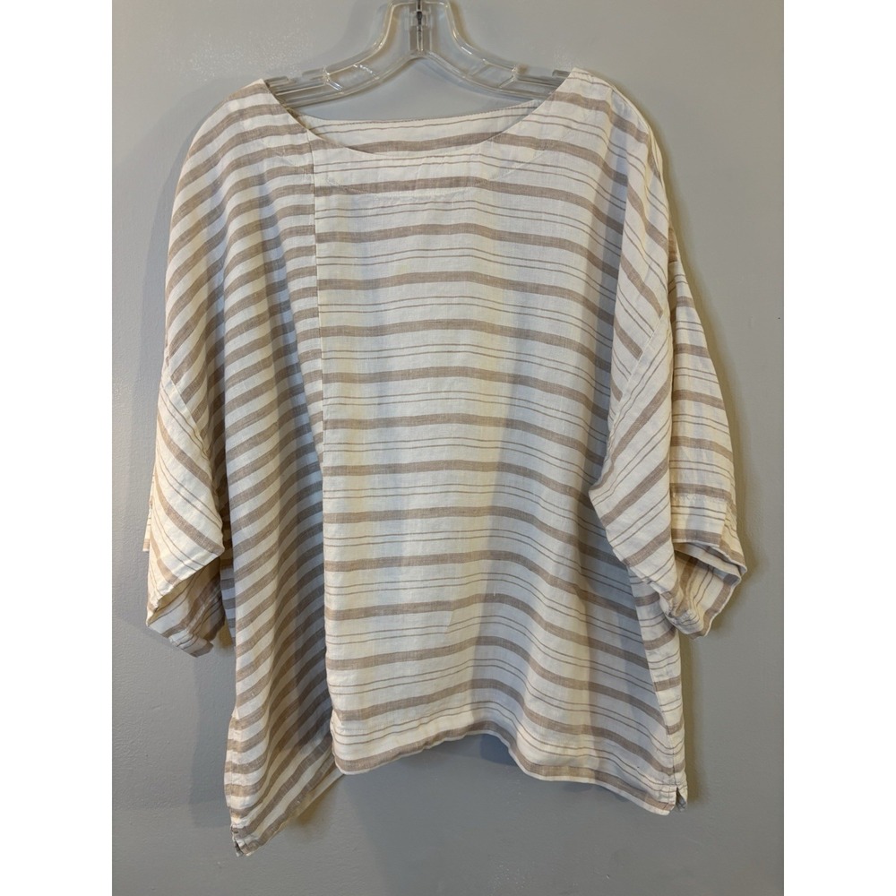 PURE JILL 100% Linen Beige Stripe Boxy Top L Beach Lagenlook